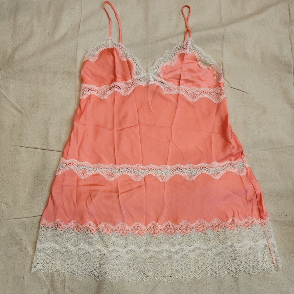 Victoria's Secret Lace Trim Satin Chemise Slip Dress Coral Pink White Lace Small
